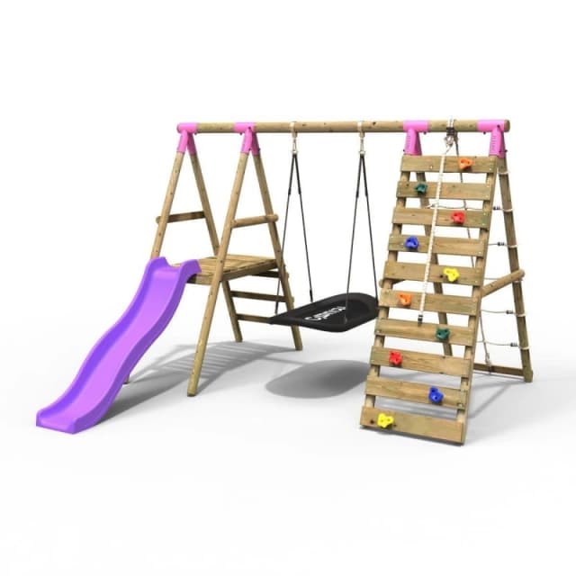 Rebo Wooden Swing Set with Boat Swing, Slide and Climbing Wall - Onyx Pink Pink