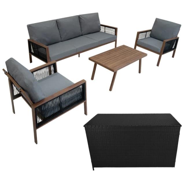 Monstershop Aluminium 4 Piece Sofa Set with Black Rattan Storage Box - Wood Effect in Brown Brown Unisex