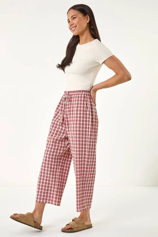 Roman Womens Petite Gingham Stretch Cropped Trouser in Red Size: 12 Red Female 12