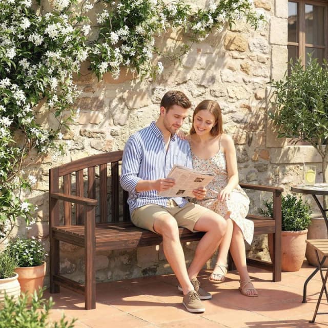 OUTSUNNY 2 Person Garden Bench, Wooden Outdoor Furniture with Armrest in Brown Brown Unisex