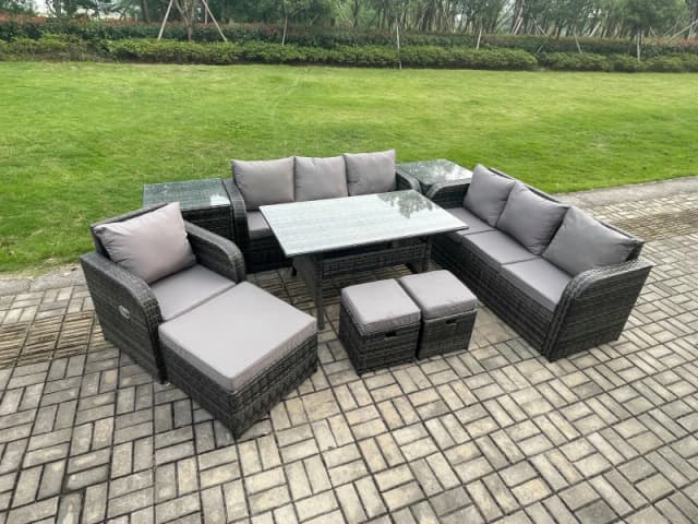 Fimous 10 Seater Outdoor Rattan Garden Furniture Set Oblong Rectangular Dining Table & Chairs Set with 3 Seater Sofa 3PC Footstools 2 Side Tables Dark