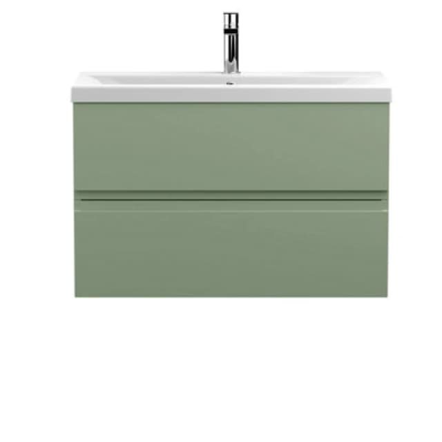 Nuie Hudson Reed Urban Wall Hung 2 Drawer Vanity Unit With Mid-Edge Ceramic Basin, Modern Bathroom Furniture In Satin Green, 800mm