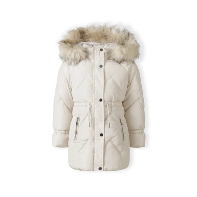 Minoti Girls mid length quilted winter jacket with faux fur hood grey Stone female 7-8 Yrs