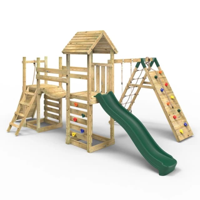 OutdoorToys Double Garden Tower Climbing Frame with Flexible Bridge, Swing & Slide for Kids - Bear in Beige Beige Unisex