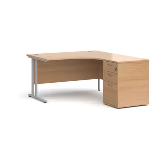Office Desk Right Hand Corner Desk 1400mm With Pedestal Beech Top With Silver Frame Maestro 25