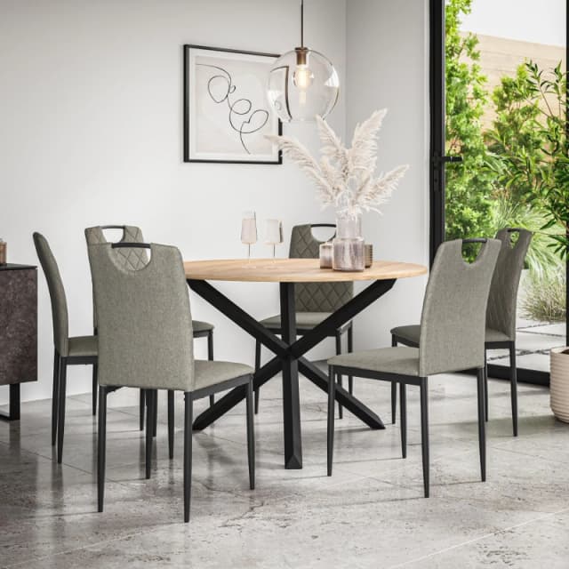 More4Homes Malvern Round Dining Table And Chairs - Oak Table Top W Solid Oak Black Legs + Monza Fabric Dining Chair Set Of 6 (Grey)