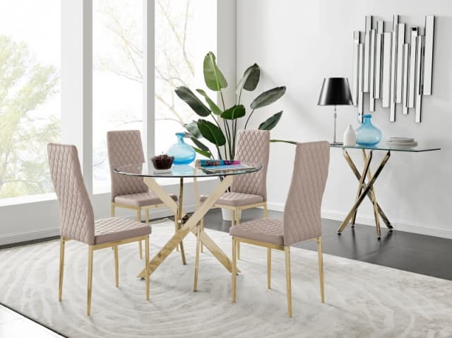 FurnitureboxUK FurnitureboxUK Novara 100cm Round Tempered Glass Dining Table with Gold Legs & 4 Milan Faux Leather Chairs in Beige Beige One Size Unis