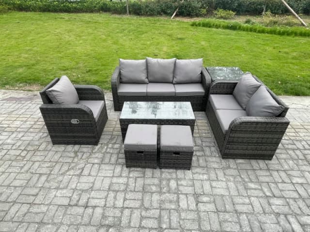 Fimous 8 Seater High Back Rattan Garden Furniture Set with Loveseat Sofa Rectangular Coffee Table Side Table Indoor Outdoor Patio Lounge Sofa Set Dark