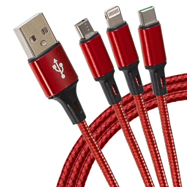 Maplin Maplin USB-A to 3-in-1 Multi-Charging USB-C / Lightning / Micro USB Braided Cable - 1.2m (Red) 856PAM
