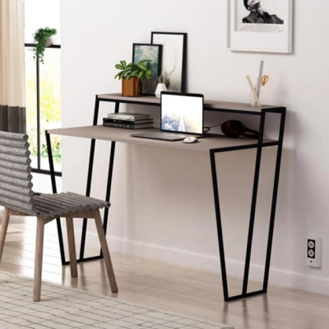 FWStyle Home Office Modern Student Study Desk Mocha Grey Black Metal Frame Grey