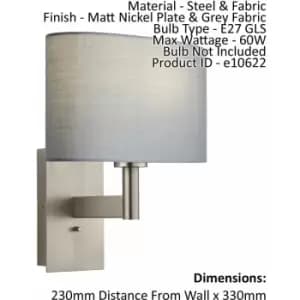 Wall Light & Shade Matt Nickel & Grey Fabric 60W E27 USB Socket e10622