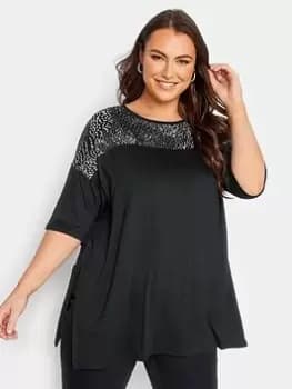 Yours Yoke Contrast Detail Top - Black, Size 18, Women