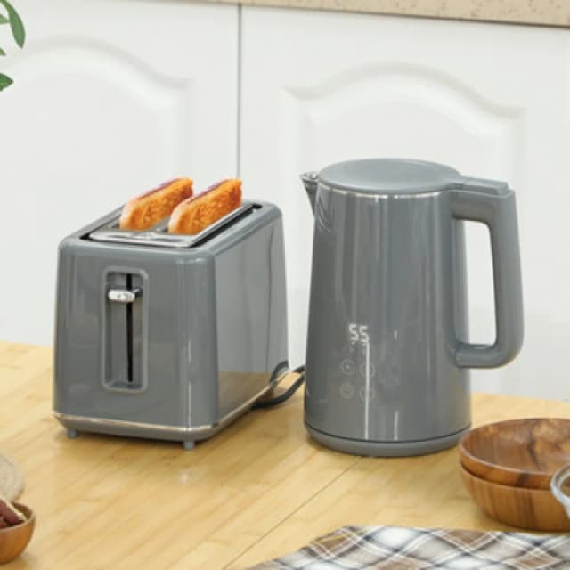 HOMCOM 1.5L 3000W Fast Boil Electric Kettle and 2 Slice Toaster Set, Grey 800-211V70GY