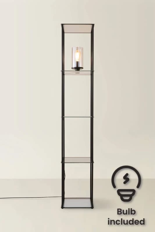 ValueLights Gobie Metal Frame with Glass Storage Shelf Floor Lamp with LED Bulb Black