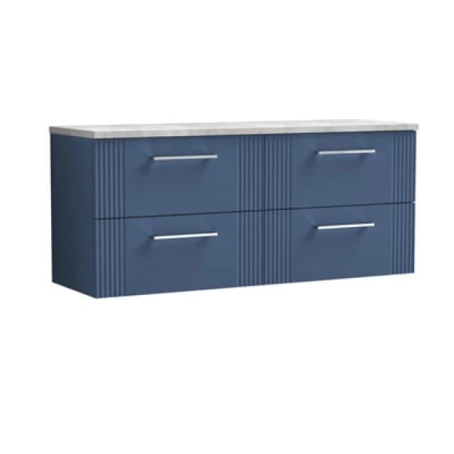 Nuie Deco Wall Hung 4-Drawer Vanity Unit & Bellato Grey Laminate Worktop, Counter Top Vanity Unit In Satin Blue, 1200mm
