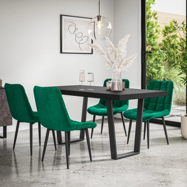 More4Homes Aria Dining Table And Chairs - Black Table Top W Black Legs + Nova Velvet Dining Chair Set Of 6 (Green)