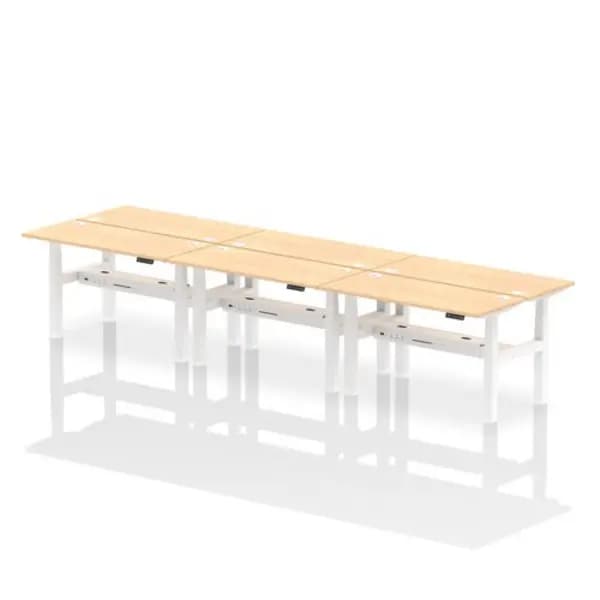Air Air Back-to-Back 1400 x 600mm Height Adjustable 6 Person Bench Desk Maple Top with Cable Ports White Frame HASCP6P14600MPEW