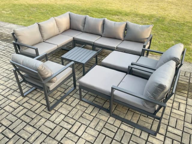 Fimous 11 Seater Outdoor Lounge Corner Sofa Set Aluminum Garden Furniture Sets with Square Coffee Table 3 Chairs 2 Big Footstools Dark Grey Dark Grey