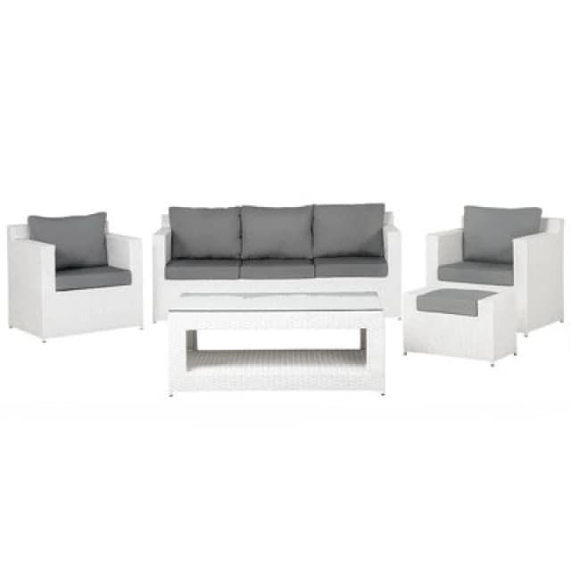 Beliani Garden Lounge Set With Table And Ottoman 6 Seater Roma Pe Rattan White