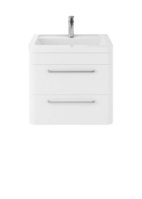 Nuie Hudson Reed Solar Wall Hung Vanity Unit With Ceramic Basin, Modern 2 Drawer Bathroom Sink Vanity Unit In Pure White, 600mm