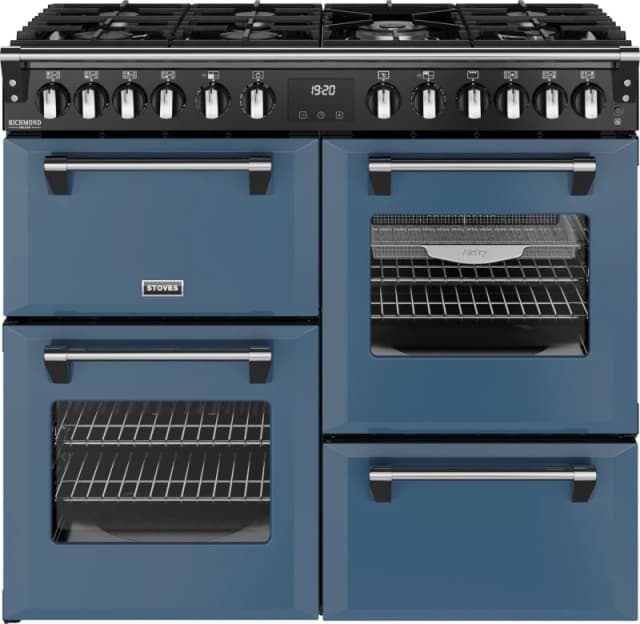 Stoves Richmond Deluxe 100DF 100cm wide Dual Fuel Range Cooker with Gas Hob - Twilight Blue - A Rated