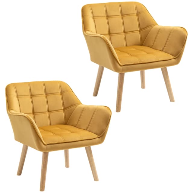 HOMCOM Accent Armchair Duo: Plush Padded Seating with Slanted Back, Iron Frame & Wooden Legs, Sunshine Yellow Aosom UK