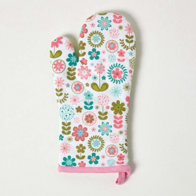 Homescapes Retro Flower Cotton Oven Glove Green unisex
