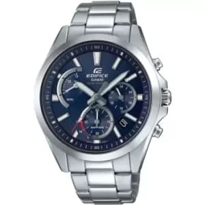 Mens Casio 'Edifice Sapphire Solar Retrograde' Silver and Blue Stainless Steel Solar Chronograph Watch