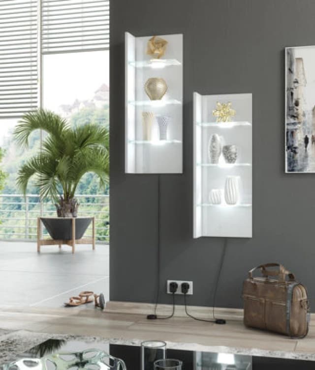 Furneo White Floating Display Cabinet Wall Unit Shelf High Gloss & Matt Clifton 09 White LED Lights