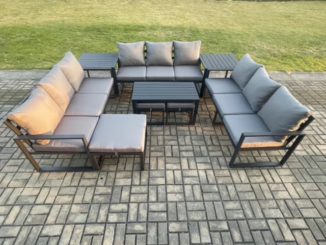 Fimous Aluminium Outdoor Garden Furniture Set Lounge Sofa Oblong Coffee Table 3 Footstools 2 Side Tables Sets with Cushions Dark Grey Dark Grey Unisex