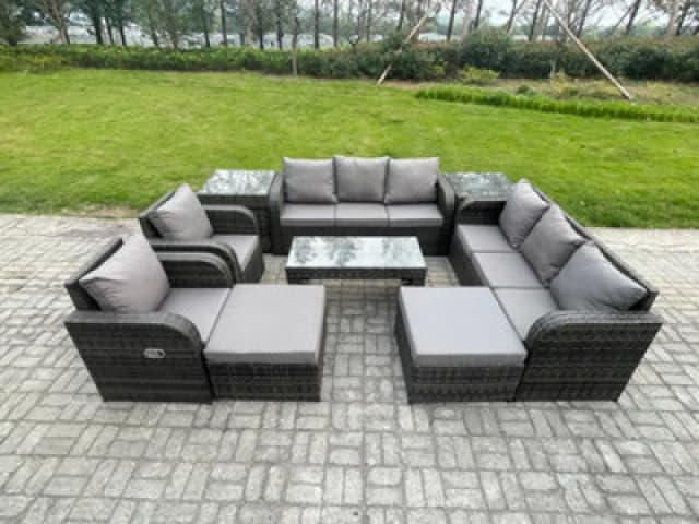 Fimous 10 Seater Wicker PE Rattan Sofa Set Outdoor Patio Garden Furniture Set with Reclining Chairs Coffee Table 2 Side Tables Dark Grey