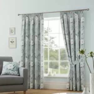Eve Floral Print 100% Cotton Lined Pencil Pleat Curtains, Duck Egg, 66 x 72" - Dreams&drapes