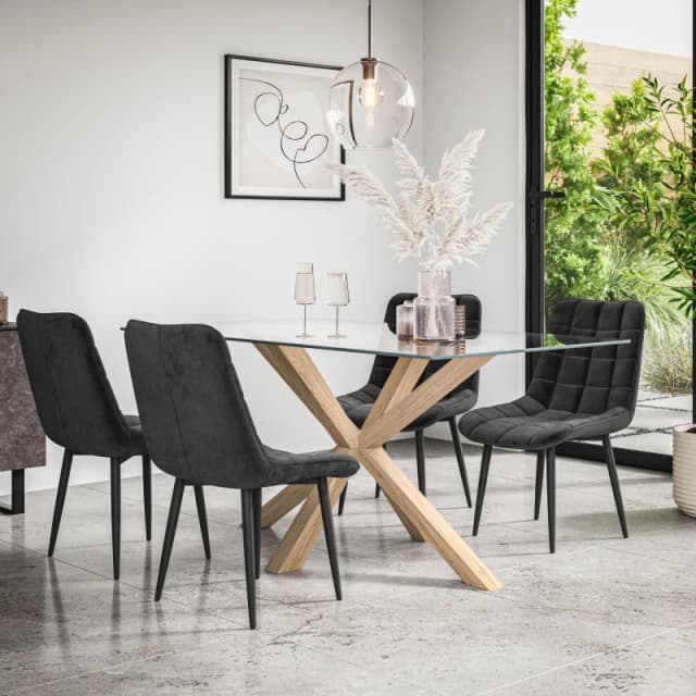 More4Homes Etta Glass Dining Table And Chairs - Glass Top W Solid Oak Legs + Nova Velvet Dining Chair Set Of 4 (Black)