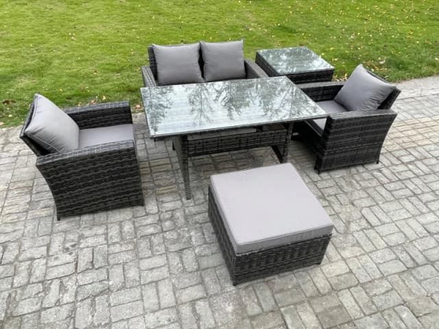 Fimous PE Wicker Outdoor Garden Furniture Set Patio Furniture Rattan Rectangular Dining Table Lounge Sofa in Dark Grey Dark Grey Unisex