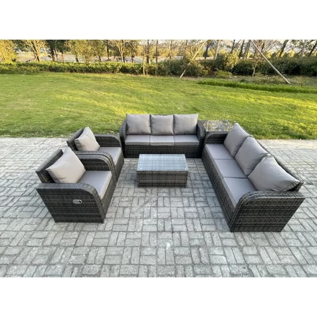 Fimous Rattan Outdoor Garden Furniture Sofa Set Patio Table & Chairs Set with 3 Seater Sofa Reclining Chair Side Table Dark Grey Mixed Dark Grey