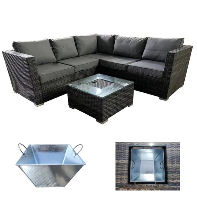 FURNITURE ONE 5 Seater Rattan Patio Corner Sectional Sofa with Ice Bucket Coffee Table Dark Grey