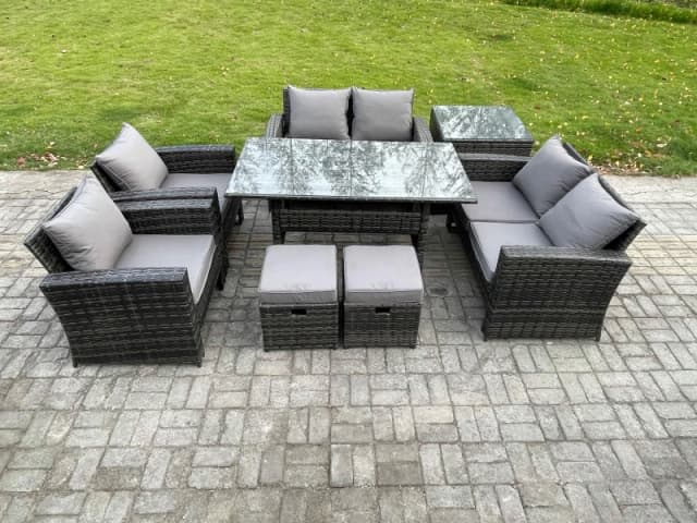 Fimous Rattan Garden Furniture Set 8 Seater Patio Outdoor Lounge Sofa Set with Oblong Dining Table Double Seat Sofa in Dark Grey Dark Grey Unisex