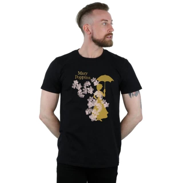 Disney Men Mary Poppins Floral Silhouette T-Shirt in Black Size: Small Black S Male 5057864435580