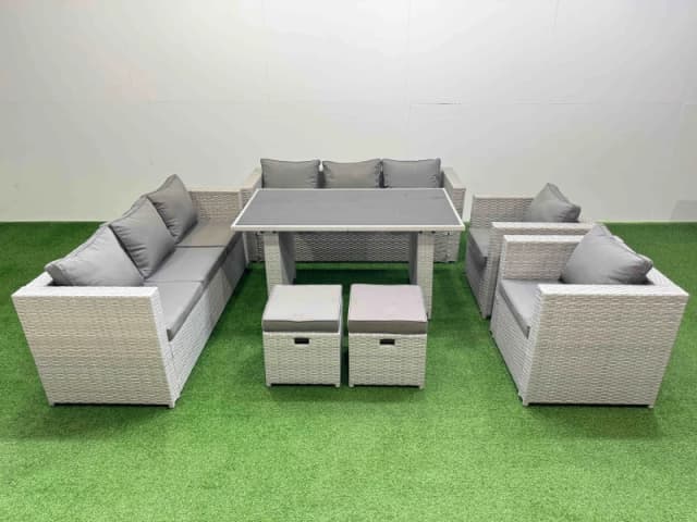 Fimous 10 Seater Outdoor Dining Table 3 Seater Sofa Set with 2 Small Stools in Light Grey Light Grey Unisex
