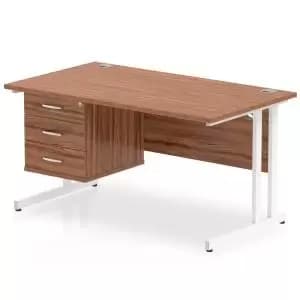 Impulse 1400 Rectangle White Cant Leg Desk WALNUT 1 x 3 Drawer Fixed