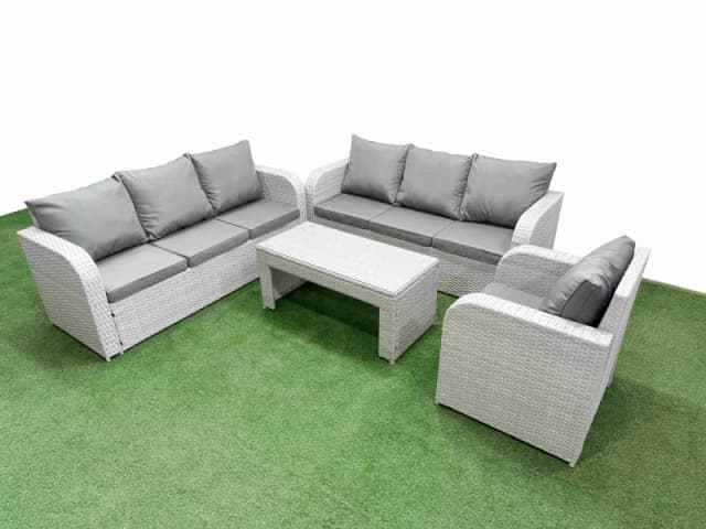 Fimous 7 Seater Poly Rattan Outdoor Garden Furniture Oblong Coffee Table Sofa Set Patio 3 Seater Sofa Reclining Chair 3 Seater Sofa Light Grey Light G