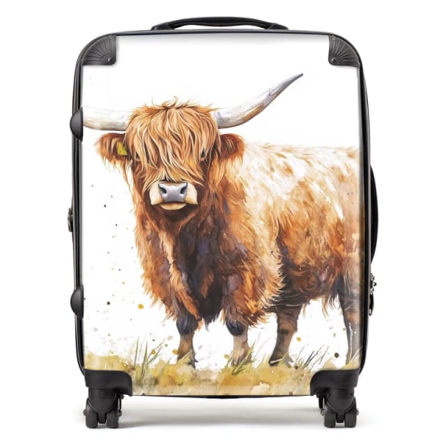 Warren Reed - Designer Watercolour Highland Cow Suitcase in Brown Size: Large Brown Unisex Large