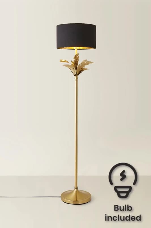 ValueLights ValueLights Christina Fabric with Gold Inner Drum Shade Gold Palm Leaf Floor Lamp with Bulb in Black One Size Unisex 5059406067426