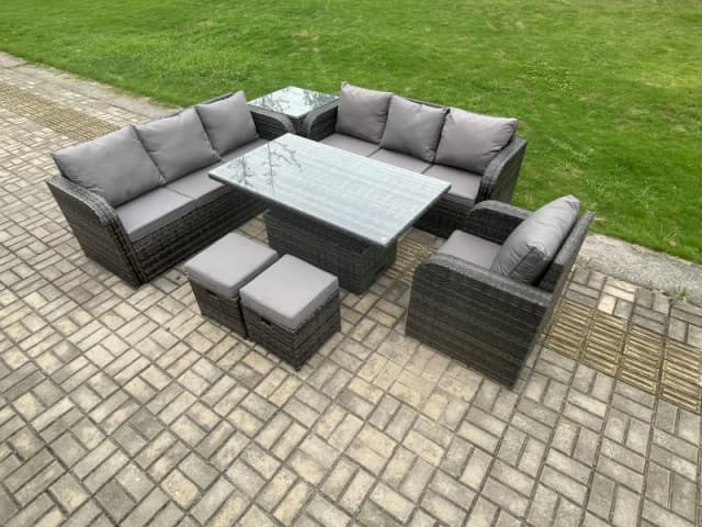 Fimous Outdoor Rattan Garden Furniture Sets Height Adjustable Rising lifting Dining Table Sofa Set with Reclining Chair Side Table Dark Grey unisex