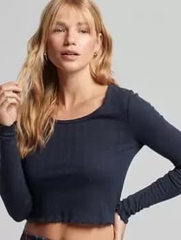 Superdry Vintage Pointelle Crop Top - Eclipse Navy, Blue, Size 12, Women