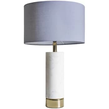 White Marble and Brass Cylinder Table Lamp with Fabirc Lampshade - Dark Grey