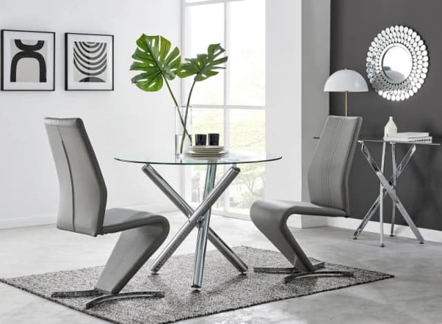 FurnitureboxUK FurnitureboxUK Selina Round Glass And Chrome Metal Dining Table And Luxury Willow Chairs Set in Grey Size: 2 Person Grey 2 Person Uni