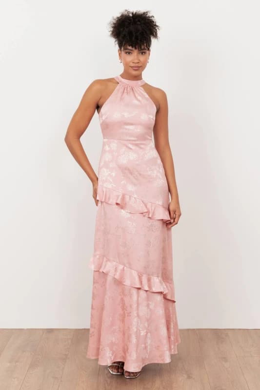 Maya Deluxe Womens Floral Jacquard Satin Halter Neck Maxi Dress in Light Pink Size: 8 Light Pink Female 8