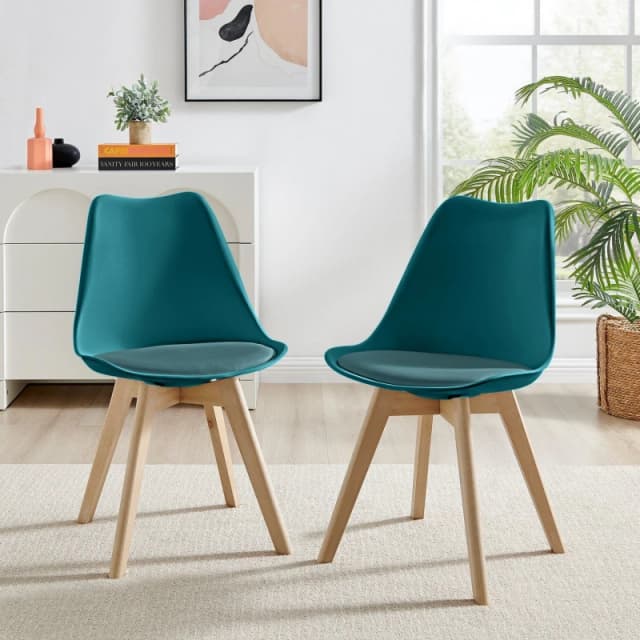 FurnitureboxUK FurnitureboxUK Set of 2 Stockholm Natural Birch Wood Scandi Minimalist Dining Chairs with Faux Leather Cushion in Teal Teal One Size Un