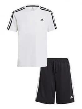 adidas Boys Junior B 3-Stripes T-Shirt and Shorts Set - White/Black, Size 7-8 Years